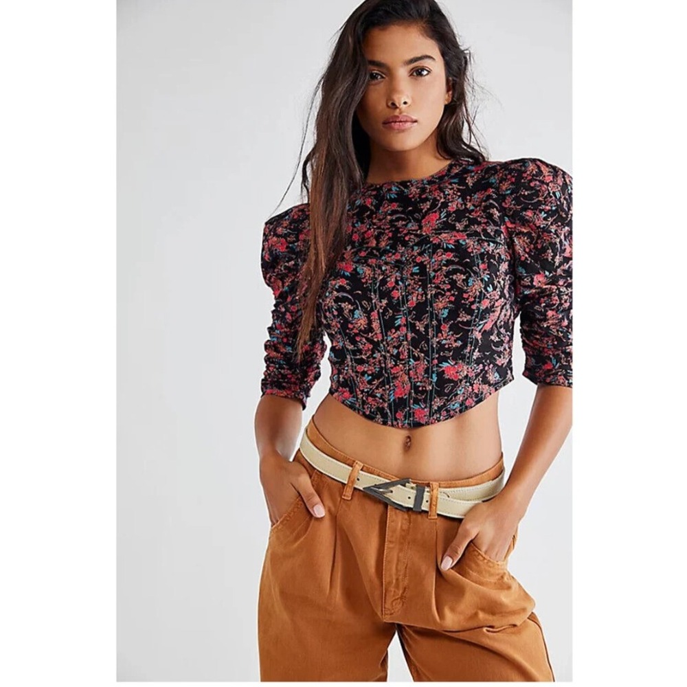 NWT Free People Monica Floral Cropped Top Corset Black Cotton‎ Boho Size XS/S